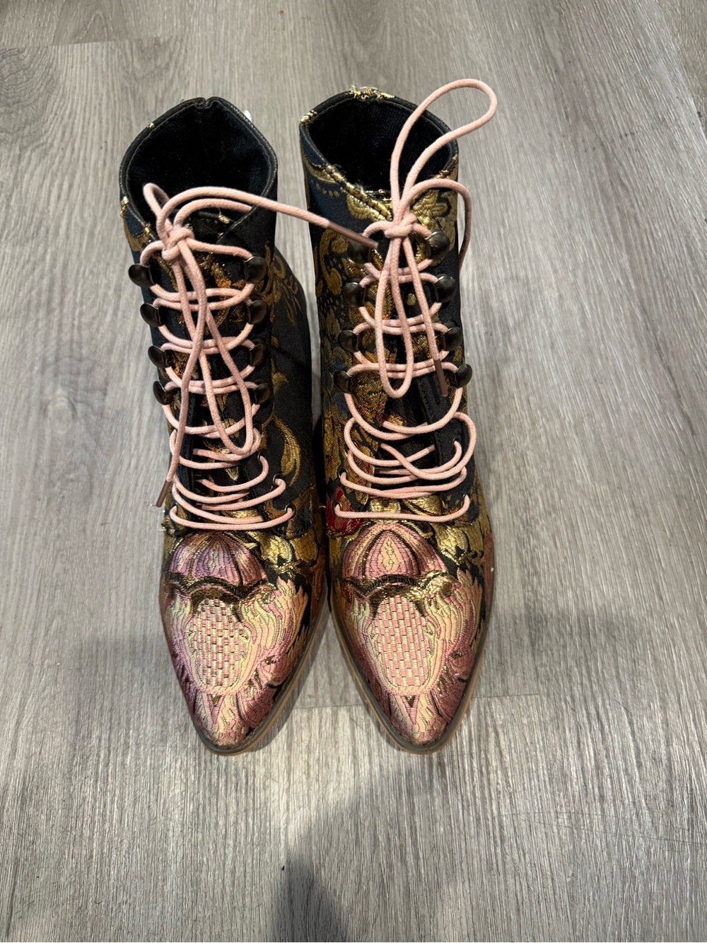Pink,Gold , Black tapestry Lace-Up Ankle Boots with Black Accents
